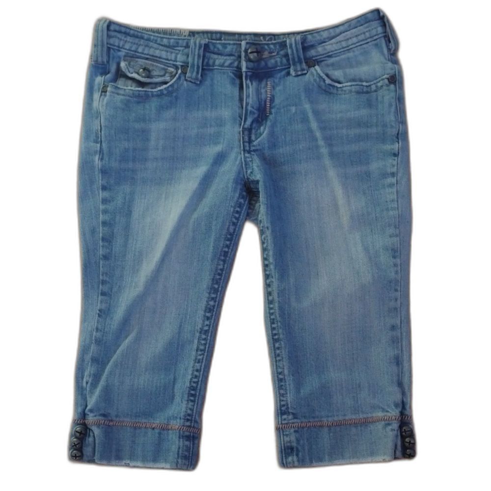 Industrial Cotton Medium Wash Denim Capri Jeans with Exposed Stitching Size 3